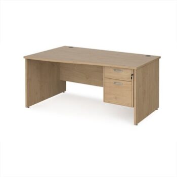 Maestro 25 left hand wave desk 1600mm wide with 2 drawer pedestal - Kendal Oak Top with panel end leg - MP16WLP2KO