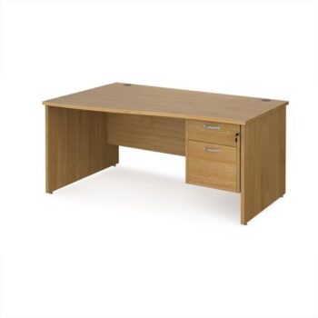 Maestro 25 left hand wave desk 1600mm wide with 2 drawer pedestal - Oak Top with panel end leg - MP16WLP2O