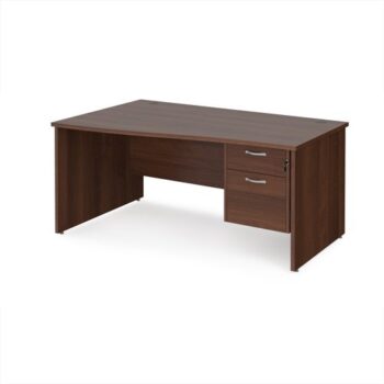 Maestro 25 left hand wave desk 1600mm wide with 2 drawer pedestal - Walnut top with panel end leg - MP16WLP2W
