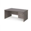 Maestro 25 left hand wave desk 1600mm wide with 3 drawer pedestal - Grey Oak Top with panel end leg - MP16WLP3GO