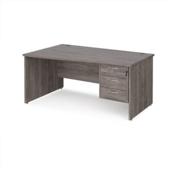 Maestro 25 left hand wave desk 1600mm wide with 3 drawer pedestal - Grey Oak Top with panel end leg - MP16WLP3GO