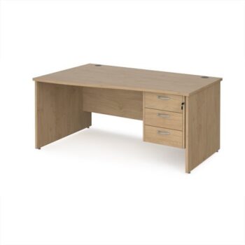 Maestro 25 left hand wave desk 1600mm wide with 3 drawer pedestal - Kendal Oak Top with panel end leg - MP16WLP3KO
