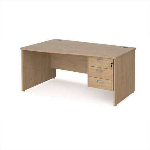Maestro 25 left hand wave desk 1600mm wide with 3 drawer pedestal - Kendal Oak Top with panel end leg - MP16WLP3KO