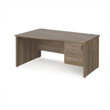 Maestro 25 left hand wave desk 1600mm wide with 3 drawer pedestal - Nebraska Oak Top with panel end leg - MP16WLP3NO