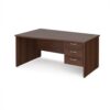 Maestro 25 left hand wave desk 1600mm wide with 3 drawer pedestal - Walnut top with panel end leg - MP16WLP3W