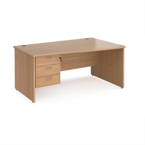 Maestro 25 right hand wave desk 1600mm wide with 3 drawer pedestal - Beech top with panel end leg - MP16WRP3B