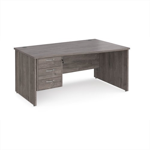Maestro 25 right hand wave desk 1600mm wide with 3 drawer pedestal - Grey Oak Top with panel end leg - MP16WRP3GO