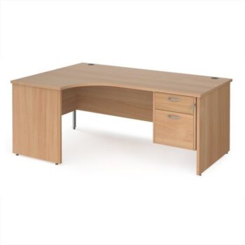 Maestro 25 left hand ergonomic desk 1800mm wide with 2 drawer pedestal - Beech top with panel end leg - MP18ELP2B