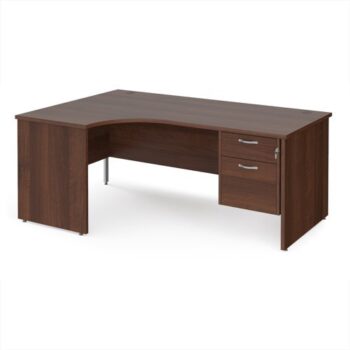 Maestro 25 left hand ergonomic desk 1800mm wide with 2 drawer pedestal - Walnut top with panel end leg - MP18ELP2W
