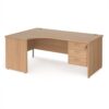 Maestro 25 left hand ergonomic desk 1800mm wide with 3 drawer pedestal - Beech top with panel end leg - MP18ELP3B