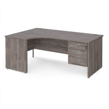Maestro 25 left hand ergonomic desk 1800mm wide with 3 drawer pedestal - Grey Oak Top with panel end leg - MP18ELP3GO