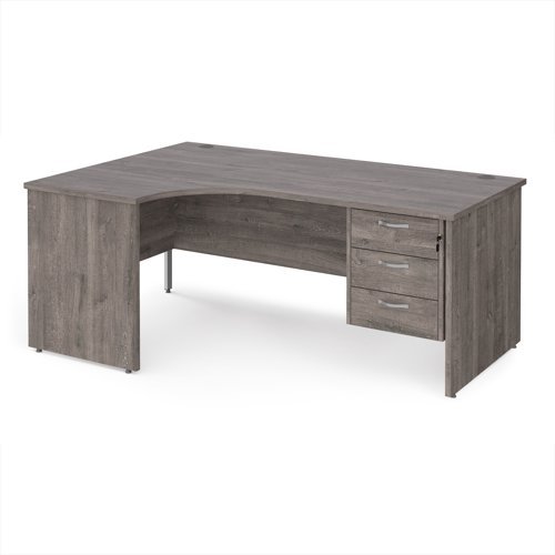 Maestro 25 left hand ergonomic desk 1800mm wide with 3 drawer pedestal - Grey Oak Top with panel end leg - MP18ELP3GO