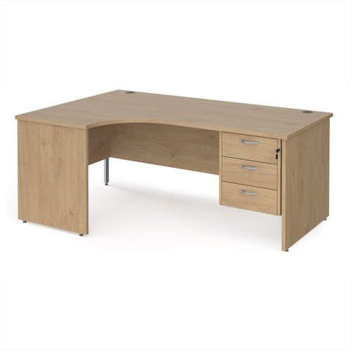 Maestro 25 left hand ergonomic desk 1800mm wide with 3 drawer pedestal - Kendal Oak Top with panel end leg - MP18ELP3KO