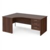 Maestro 25 left hand ergonomic desk 1800mm wide with 3 drawer pedestal - Walnut top with panel end leg - MP18ELP3W