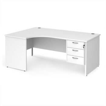 Maestro 25 left hand ergonomic desk 1800mm wide with 3 drawer pedestal - White Top with panel end leg - MP18ELP3WH