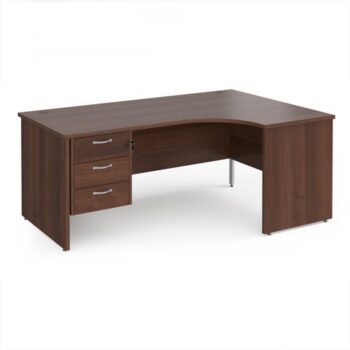 Maestro 25 right hand ergonomic desk 1800mm wide with 3 drawer pedestal - Walnut top with panel end leg - MP18ERP3W