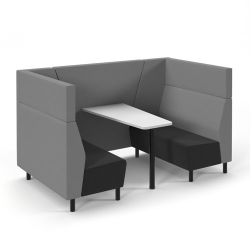 Muse 4 person fabric booth with white table black legs and upholstered in black seats with grey backs and infill - MUS-POD02-K-SG