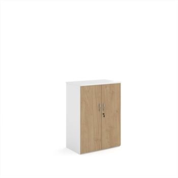 Duo double door cupboard 1090mm high with 2 shelves - white with Kendal oak doors - R1090DD-WHKO