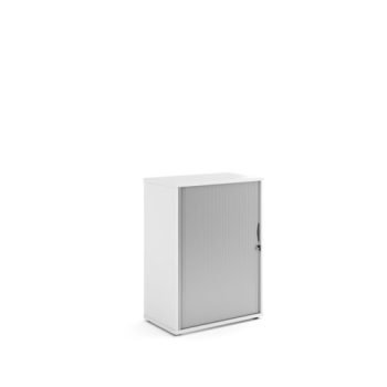 Universal single door tambour cupboard 1090mm high with 2 shelves - Kendal Oak with silver door - R1090TCKO