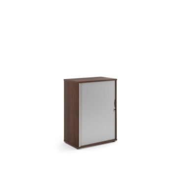 Universal single door tambour cupboard 1090mm high with 2 shelves - Walnut with silver door - R1090TCW