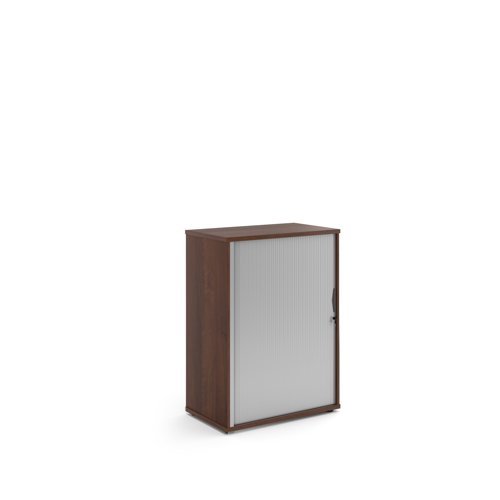 Universal single door tambour cupboard 1090mm high with 2 shelves - Walnut with silver door - R1090TCW