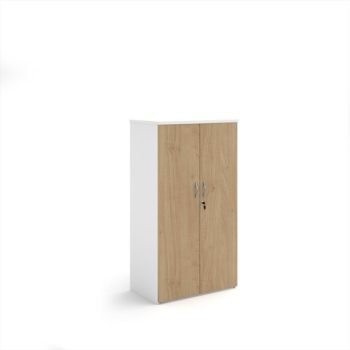 Duo double door cupboard 1440mm high with 3 shelves - white with Kendal oak doors - R1440DD-WHKO