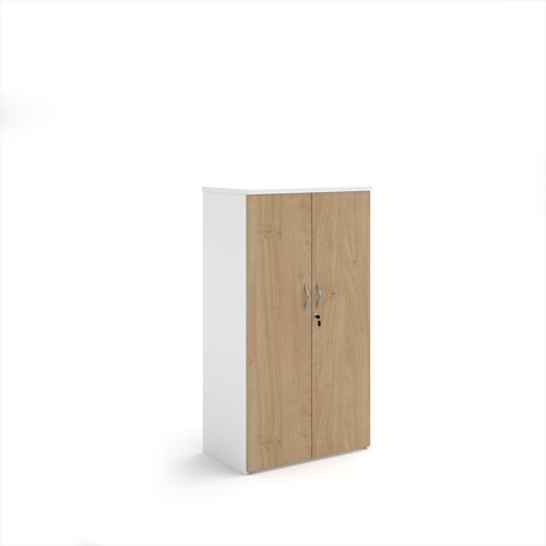 Duo double door cupboard 1440mm high with 3 shelves - white with Kendal oak doors - R1440DD-WHKO