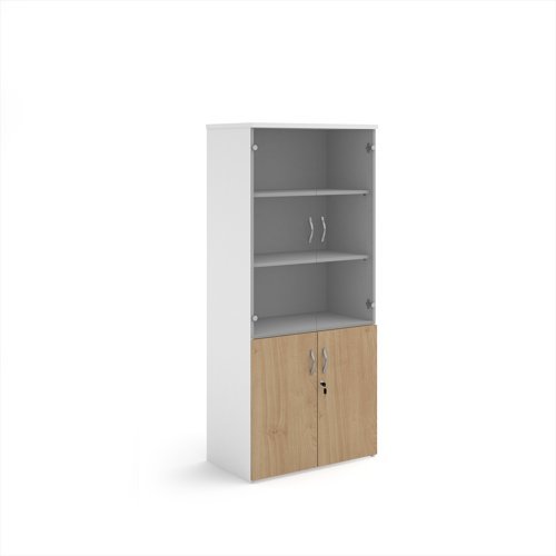 Duo combination unit with glass upper doors 1790mm high with 4 shelves - white with Kendal oak lower doors - R1790COMD-WHKO