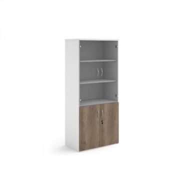 Duo combination unit with glass upper doors 1790mm high with 4 shelves - white with Nebraska oak lower doors - R1790COMD-WHNO