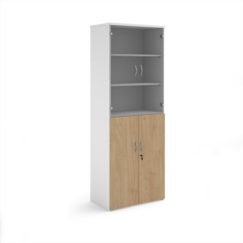 Duo combination unit with glass upper doors 2140mm high with 5 shelves - white with Kendal oak lower doors - R2140COMD-WHKO