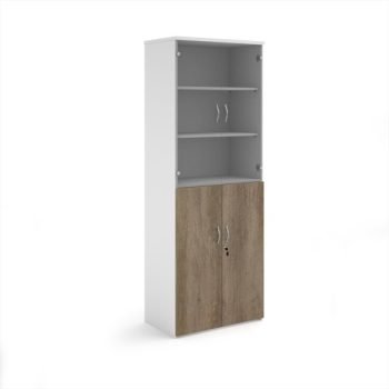 Duo combination unit with glass upper doors 2140mm high with 5 shelves - white with Nebraska oak lower doors - R2140COMD-WHNO