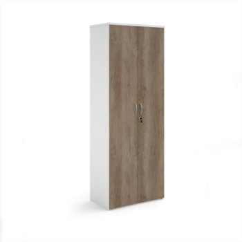 Duo double door cupboard 2140mm high with 5 shelves - white with Nebraska oak doors - R2140DD-WHNO