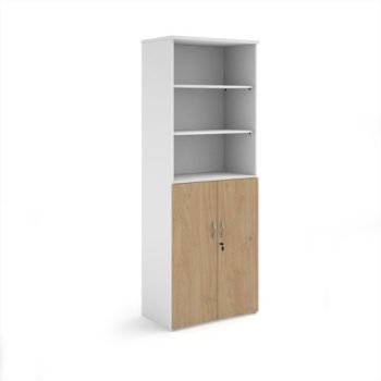 Duo combination unit with open top 2140mm high with 5 shelves - white with Kendal oak lower doors - R2140OPD-WHKO