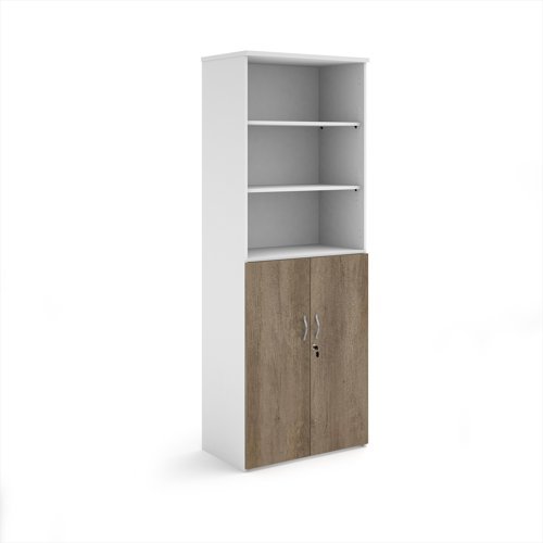 Duo combination unit with open top 2140mm high with 5 shelves - white with Nebraska oak lower doors - R2140OPD-WHNO