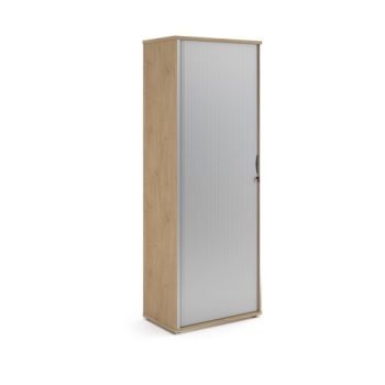 Universal single door tambour cupboard 2140mm high with 5 shelves - Kendal Oak with silver door - R2140TCKO