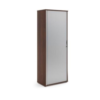 Universal single door tambour cupboard 2140mm high with 5 shelves - Walnut Oak with silver door - R2140TCW