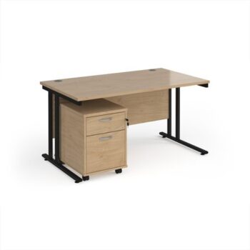 Maestro 25 straight desk 1400mm x 800mm with black cantilever frame and 2 drawer pedestal - Kendal Oak - SBK214KO