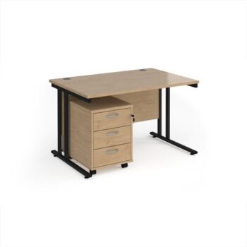 Maestro 25 straight desk 1200mm x 800mm with black cantilever frame and 3 drawer pedestal - Kendal Oak - SBK312KO