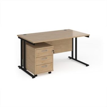 Maestro 25 straight desk 1400mm x 800mm with black cantilever frame and 3 drawer pedestal - Kendal Oak - SBK314KO