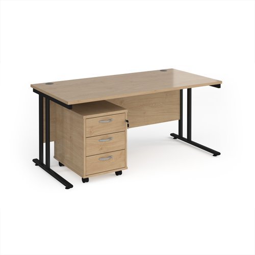Maestro 25 straight desk 1600mm x 800mm with black cantilever frame and 3 drawer pedestal - Kendal Oak - SBK316KO
