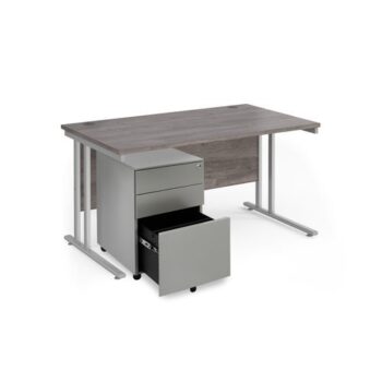 Maestro 25 bundle straight 1400 desk silver leg frame and silver steel ped - Grey Oak - SBS14GO