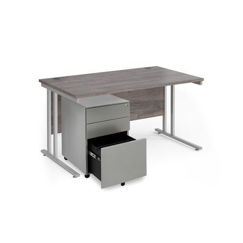 Maestro 25 bundle straight 1400 desk silver leg frame and silver steel ped - Grey Oak - SBS14GO
