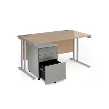 Maestro 25 bundle straight 1400 desk silver leg frame and silver steel ped - Kendal Oak - SBS14KO