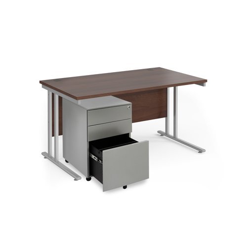 Maestro 25 bundle straight 1400 desk silver leg frame and silver steel ped - Walnut - SBS14W