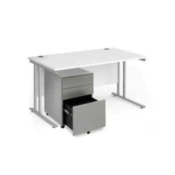 Maestro 25 bundle straight 1400 desk silver leg frame and silver steel ped - White - SBS14WH