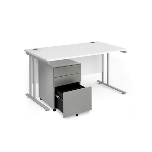 Maestro 25 bundle straight 1400 desk silver leg frame and silver steel ped - White - SBS14WH