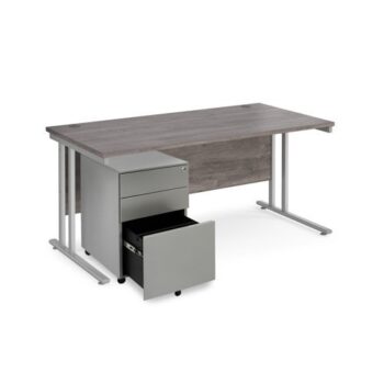 Maestro 25 bundle straight 1600 desk silver leg frame and silver steel ped - Grey Oak - SBS16GO