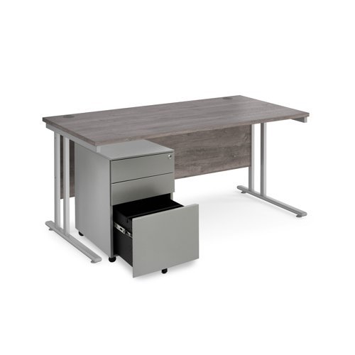 Maestro 25 bundle straight 1600 desk silver leg frame and silver steel ped - Grey Oak - SBS16GO