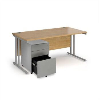 Maestro 25 bundle straight 1600 desk silver leg frame and silver steel ped - Oak - SBS16O