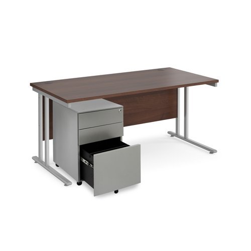Maestro 25 bundle straight 1600 desk silver leg frame and silver steel ped - Walnut - SBS16W